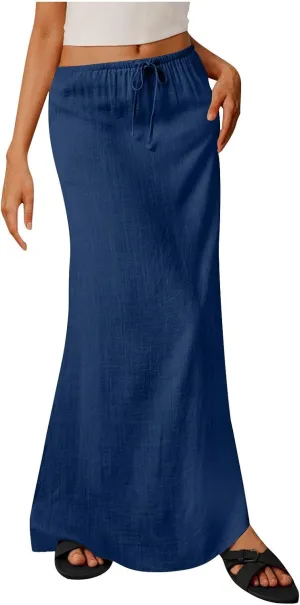Long Skirts for Women Boho Linen Skirts Drawstring Waist Casual Summer Skirts Flare Maxi Skirts for Beach Vacation