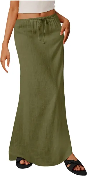 Long Skirts for Women Boho Linen Skirts Drawstring Waist Casual Summer Skirts Flare Maxi Skirts for Beach Vacation