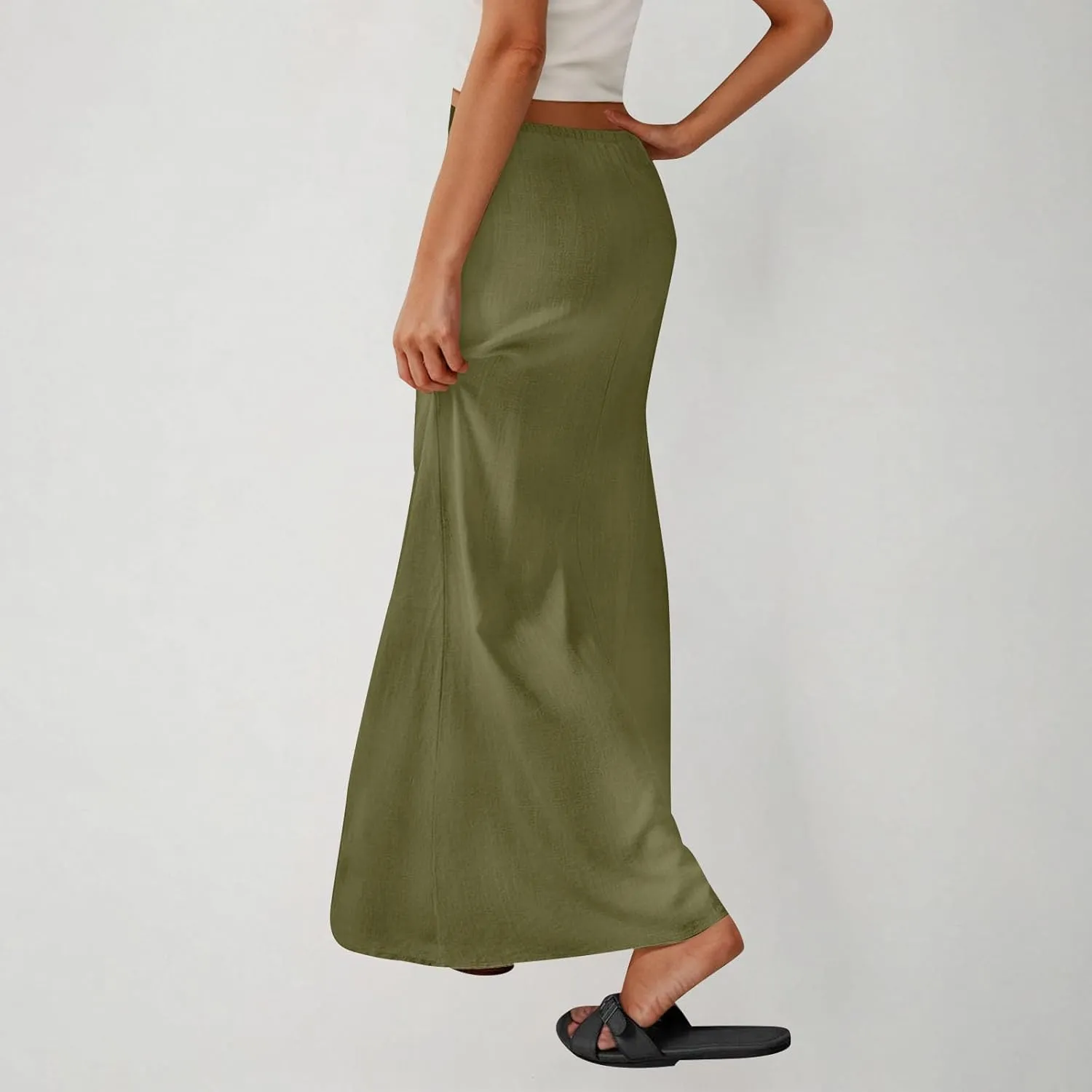 Long Skirts for Women Boho Linen Skirts Drawstring Waist Casual Summer Skirts Flare Maxi Skirts for Beach Vacation