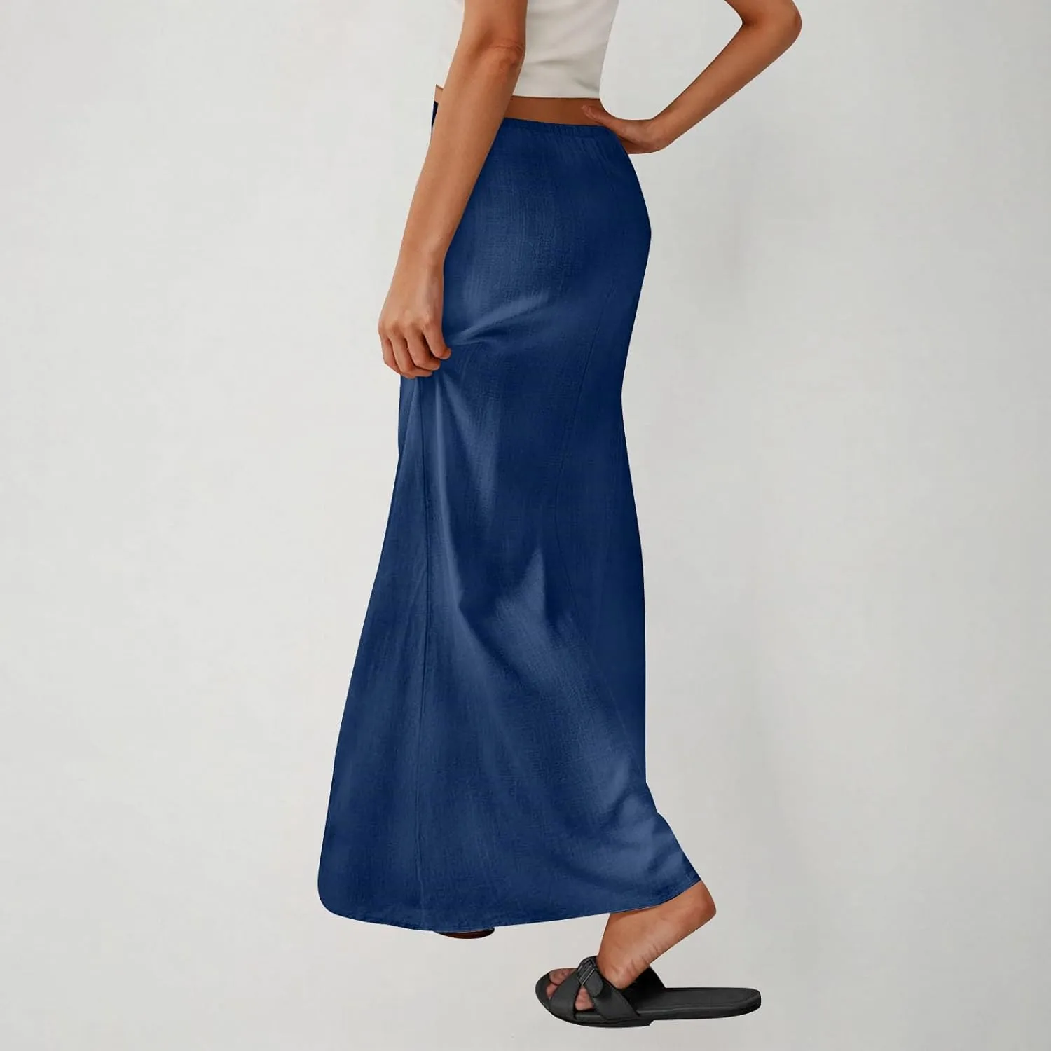 Long Skirts for Women Boho Linen Skirts Drawstring Waist Casual Summer Skirts Flare Maxi Skirts for Beach Vacation