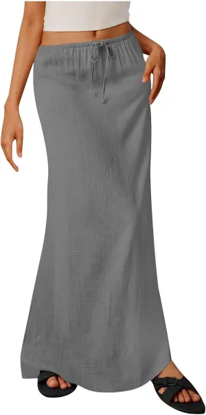 Long Skirts for Women Boho Linen Skirts Drawstring Waist Casual Summer Skirts Flare Maxi Skirts for Beach Vacation