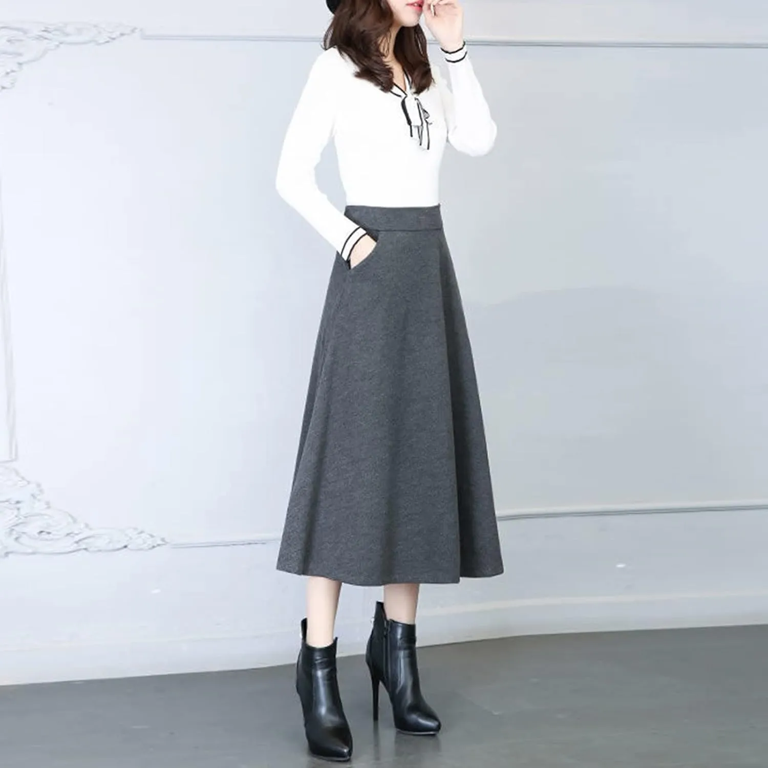 Long Skirts for Women Trendy A-Line High Elastic Waist Solid Loose Tummy Control Pleated Skirts with Pockets
