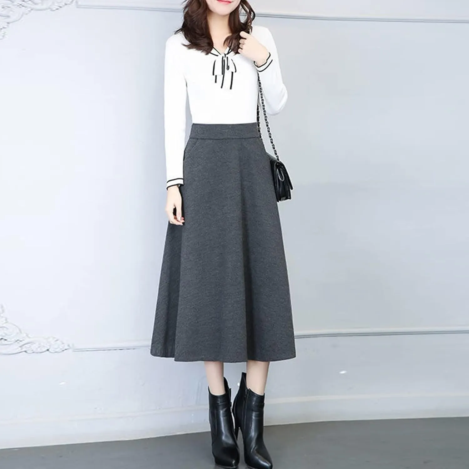 Long Skirts for Women Trendy A-Line High Elastic Waist Solid Loose Tummy Control Pleated Skirts with Pockets