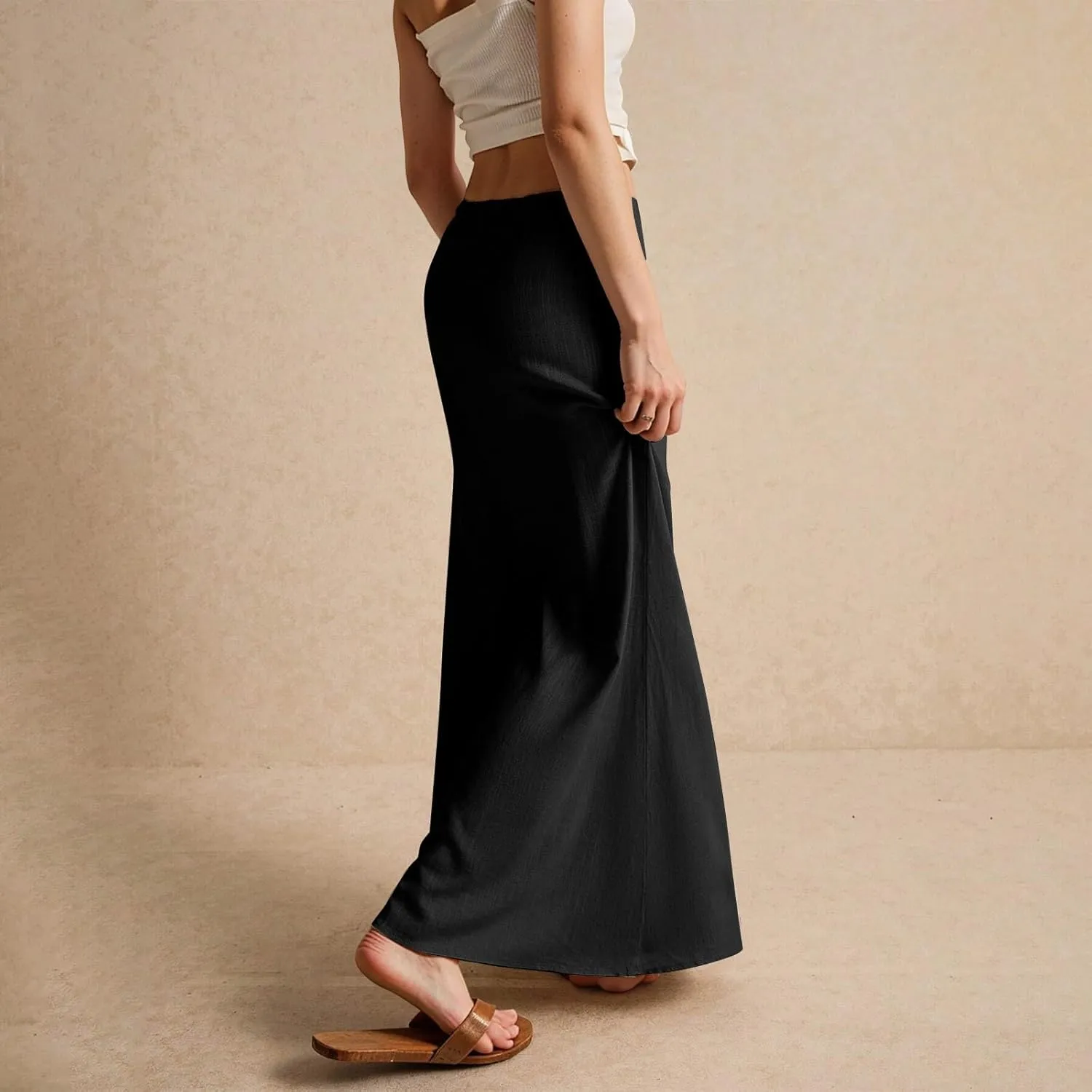 Long Skirts for Women,2025 Summer Trendy Drawstring Waist Linen Maxi Skirts,Casual Comfy Flowy Vacation Boho Skirts