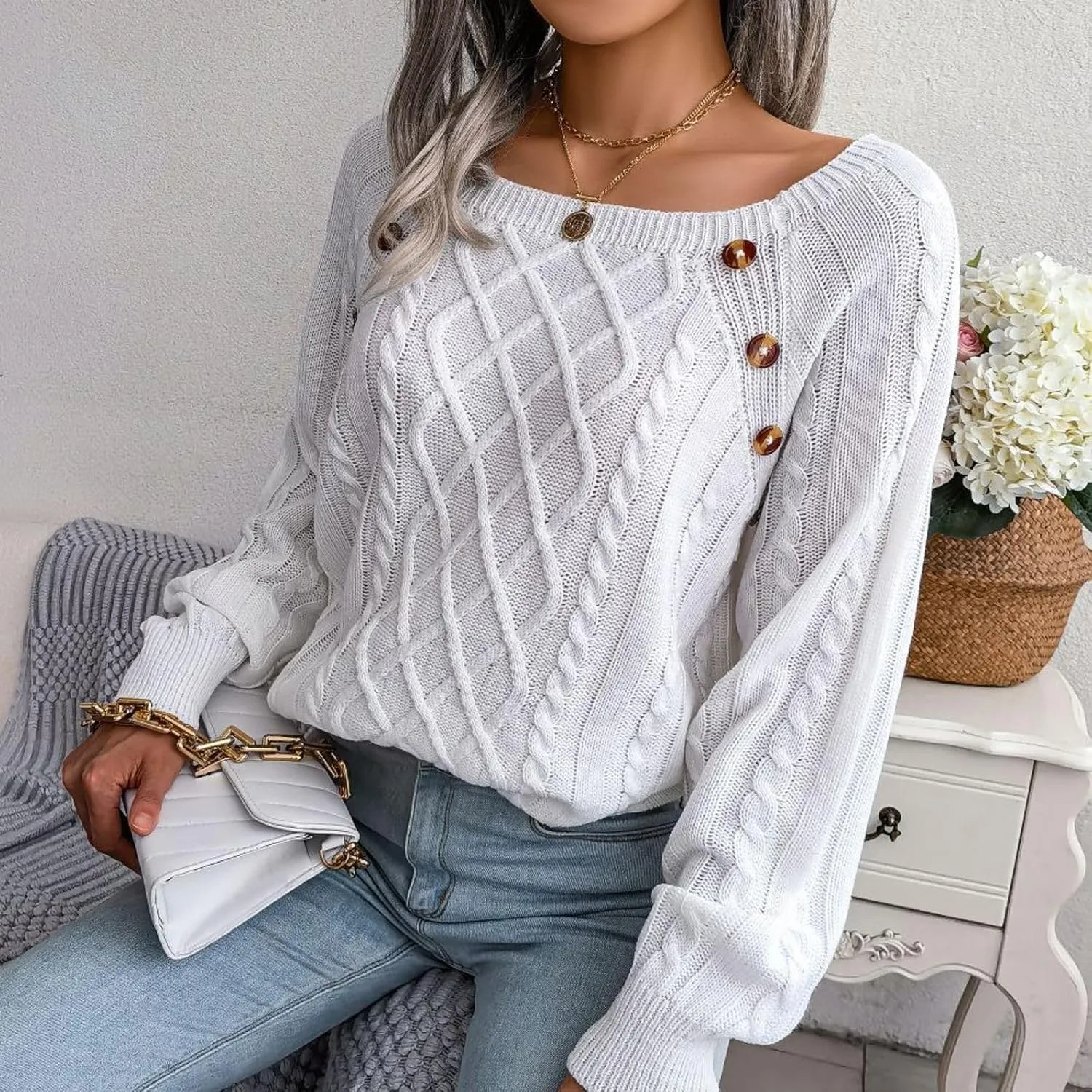 Lu's Chic Women's Cable Knit Sweater Knitted Pullover Sweater Boat Neck Soft Button Elegant Winter Thick Loose Fit Knitwear