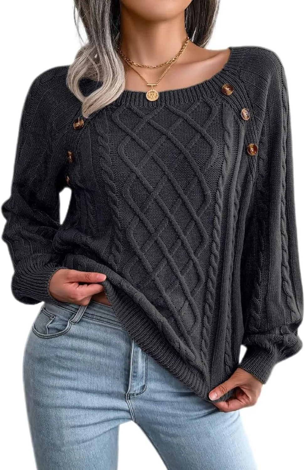 Lu's Chic Women's Cable Knit Sweater Knitted Pullover Sweater Boat Neck Soft Button Elegant Winter Thick Loose Fit Knitwear