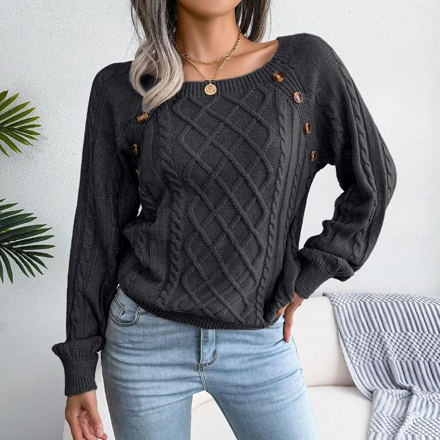 Lu's Chic Women's Cable Knit Sweater Knitted Pullover Sweater Boat Neck Soft Button Elegant Winter Thick Loose Fit Knitwear