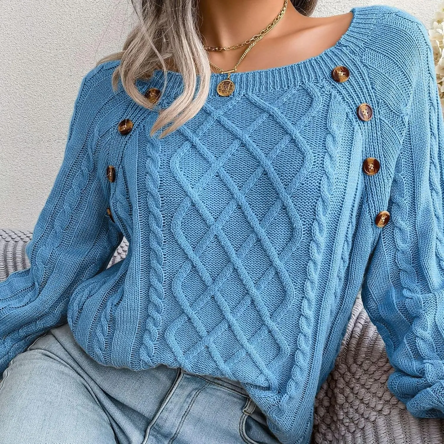 Lu's Chic Women's Cable Knit Sweater Knitted Pullover Sweater Boat Neck Soft Button Elegant Winter Thick Loose Fit Knitwear