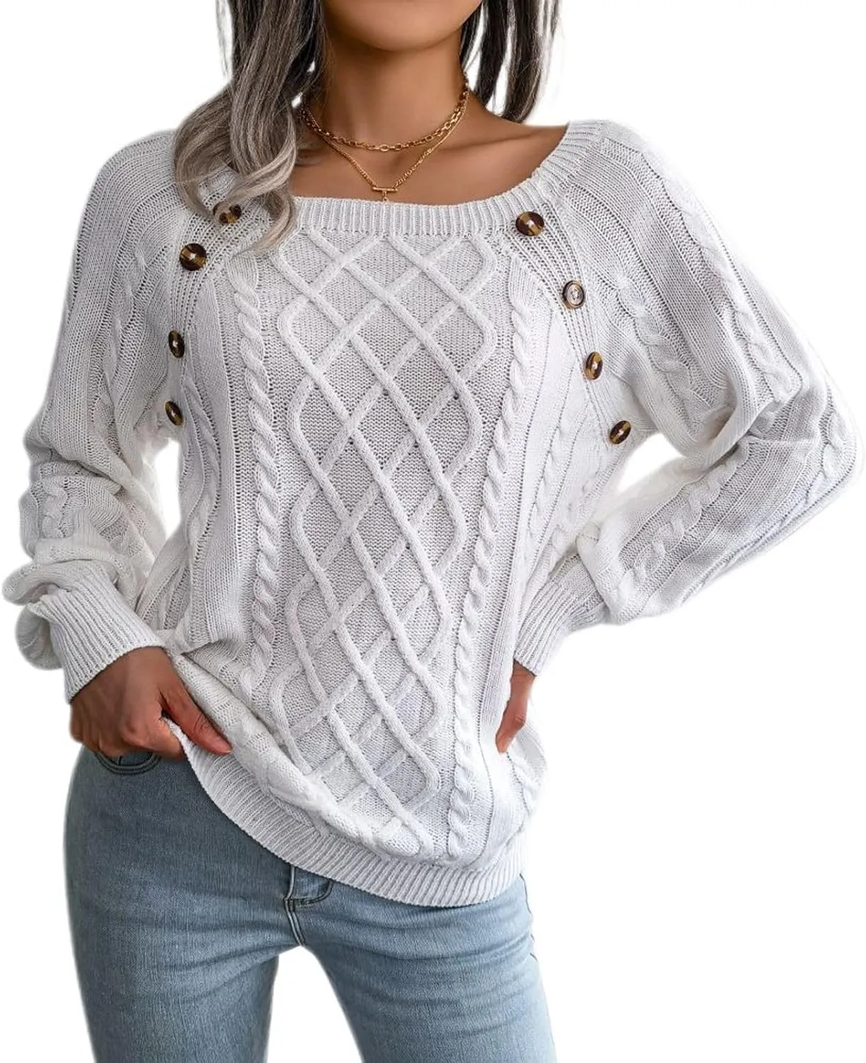Lu's Chic Women's Cable Knit Sweater Knitted Pullover Sweater Boat Neck Soft Button Elegant Winter Thick Loose Fit Knitwear