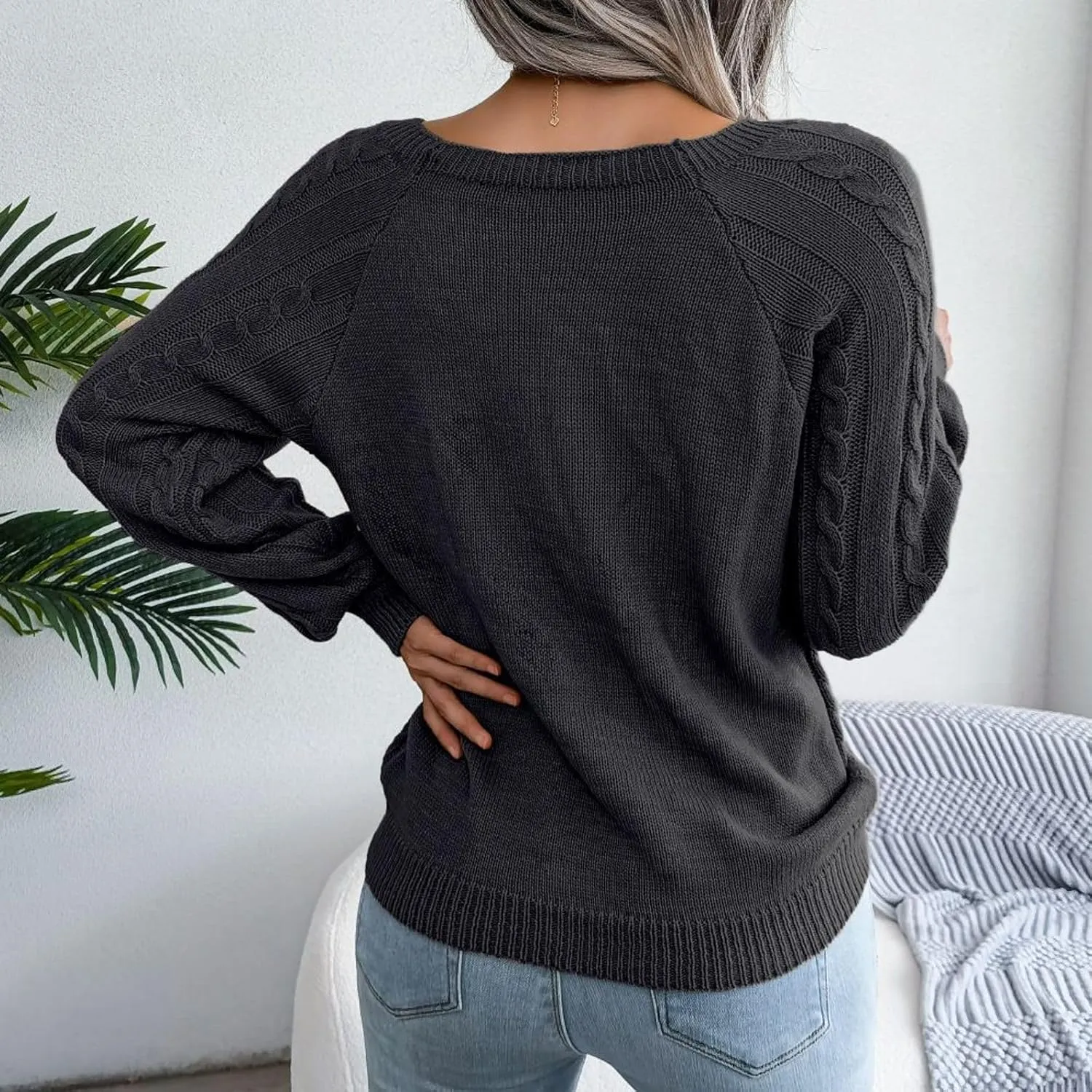 Lu's Chic Women's Cable Knit Sweater Knitted Pullover Sweater Boat Neck Soft Button Elegant Winter Thick Loose Fit Knitwear