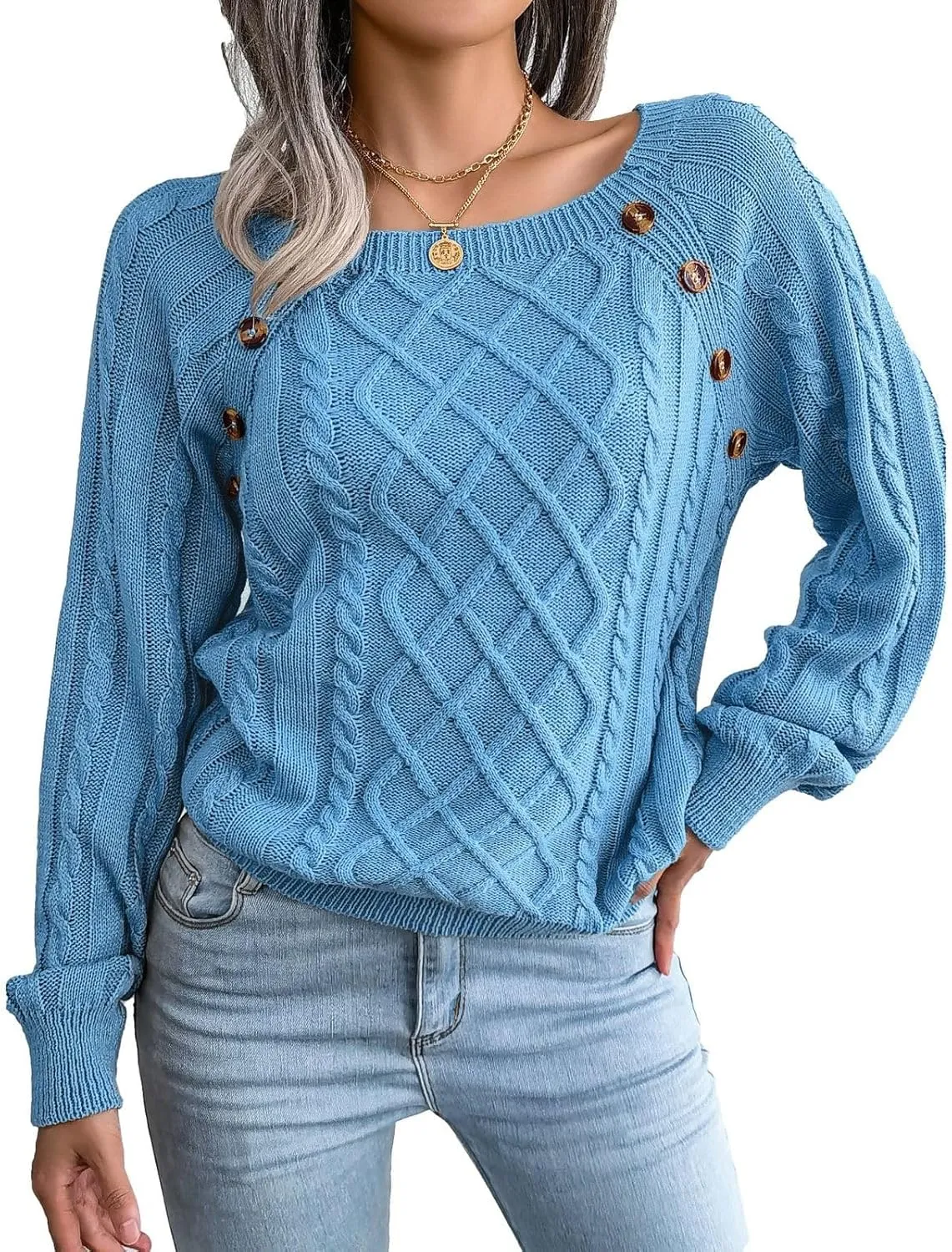 Lu's Chic Women's Cable Knit Sweater Knitted Pullover Sweater Boat Neck Soft Button Elegant Winter Thick Loose Fit Knitwear