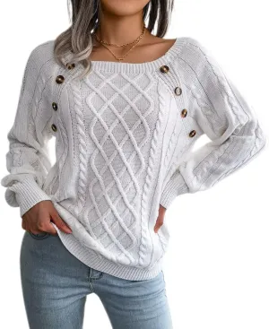 Lu's Chic Women's Cable Knit Sweater Knitted Pullover Sweater Boat Neck Soft Button Elegant Winter Thick Loose Fit Knitwear