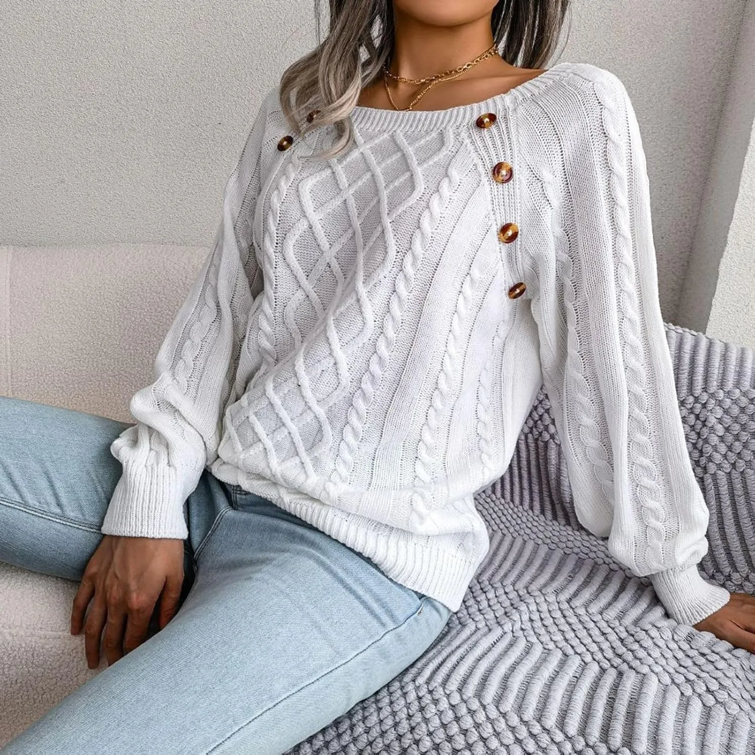 Lu's Chic Women's Cable Knit Sweater Knitted Pullover Sweater Boat Neck Soft Button Elegant Winter Thick Loose Fit Knitwear