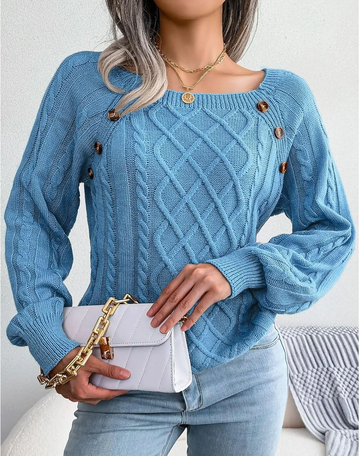 Lu's Chic Women's Cable Knit Sweater Knitted Pullover Sweater Boat Neck Soft Button Elegant Winter Thick Loose Fit Knitwear