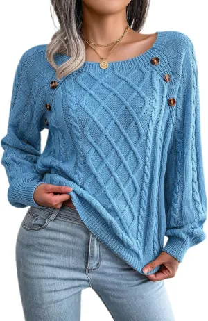 Lu's Chic Women's Cable Knit Sweater Knitted Pullover Sweater Boat Neck Soft Button Elegant Winter Thick Loose Fit Knitwear