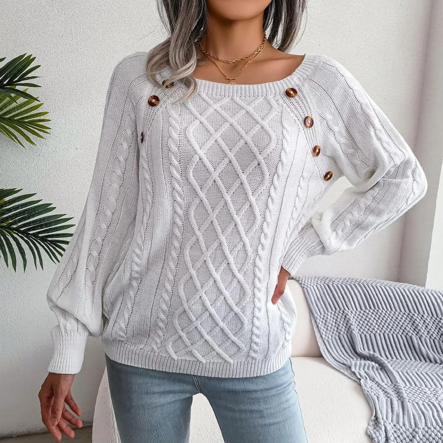 Lu's Chic Women's Cable Knit Sweater Knitted Pullover Sweater Boat Neck Soft Button Elegant Winter Thick Loose Fit Knitwear