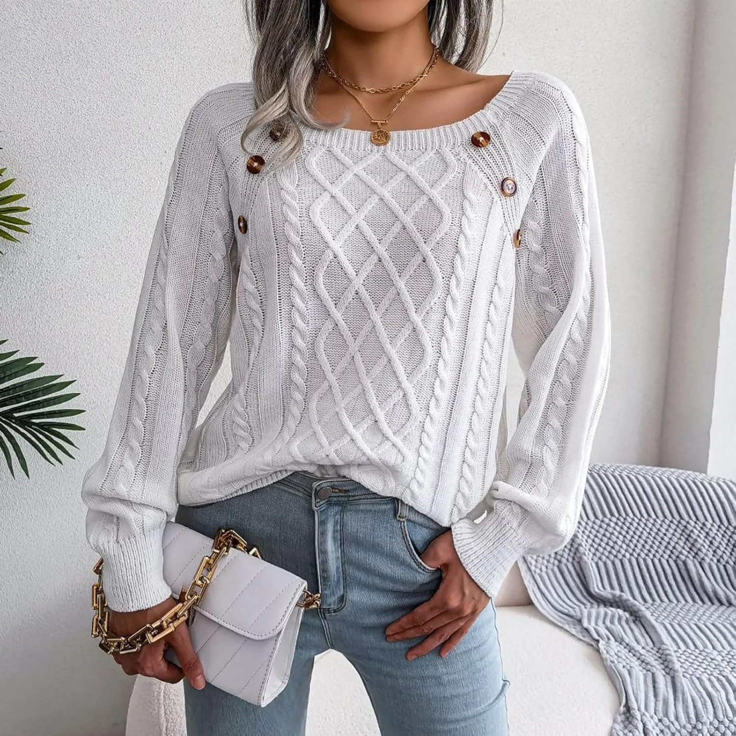 Lu's Chic Women's Cable Knit Sweater Knitted Pullover Sweater Boat Neck Soft Button Elegant Winter Thick Loose Fit Knitwear