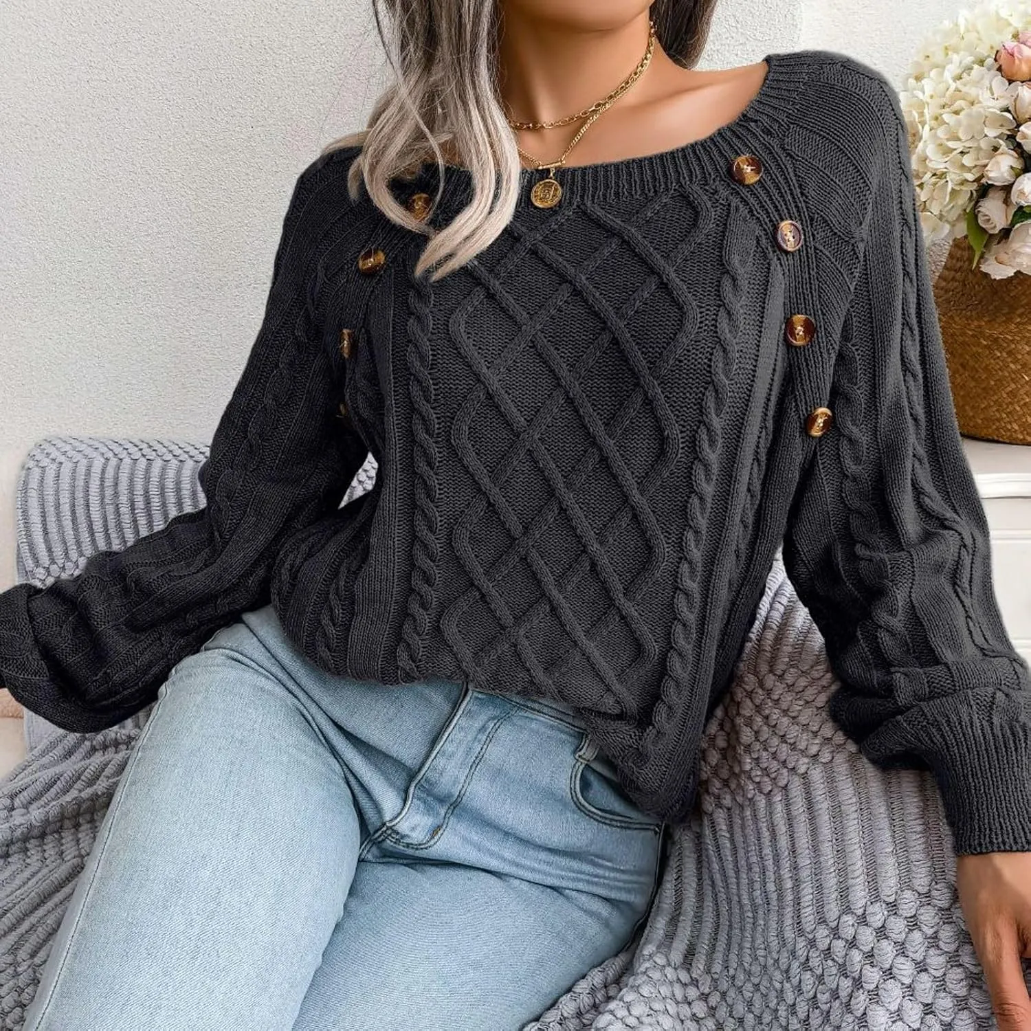 Lu's Chic Women's Cable Knit Sweater Knitted Pullover Sweater Boat Neck Soft Button Elegant Winter Thick Loose Fit Knitwear