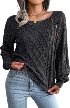 Lu's Chic Women's Cable Knit Sweater Knitted Pullover Sweater Boat Neck Soft Button Elegant Winter Thick Loose Fit Knitwear
