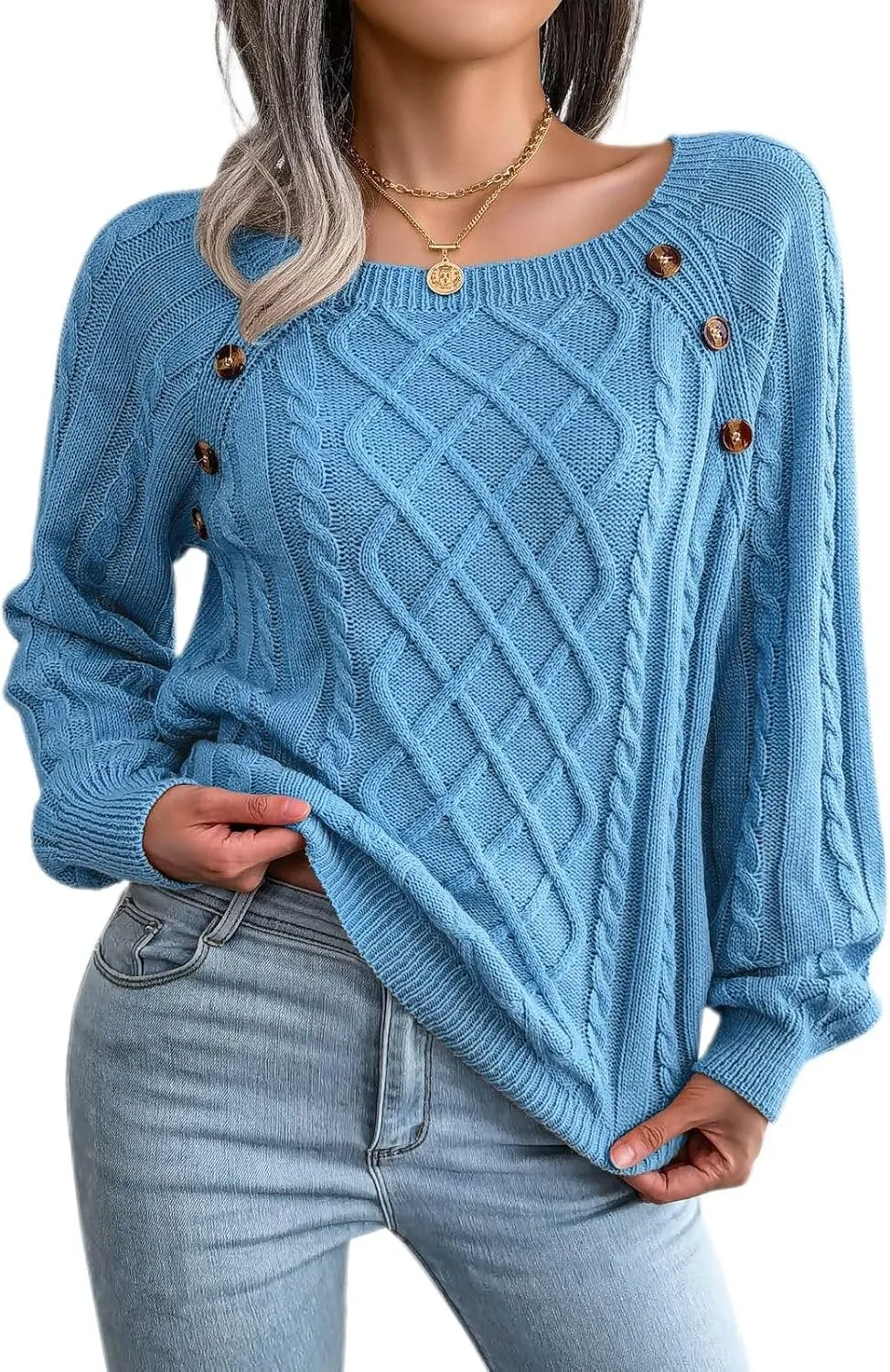 Lu's Chic Women's Cable Knit Sweater Knitted Pullover Sweater Boat Neck Soft Button Elegant Winter Thick Loose Fit Knitwear