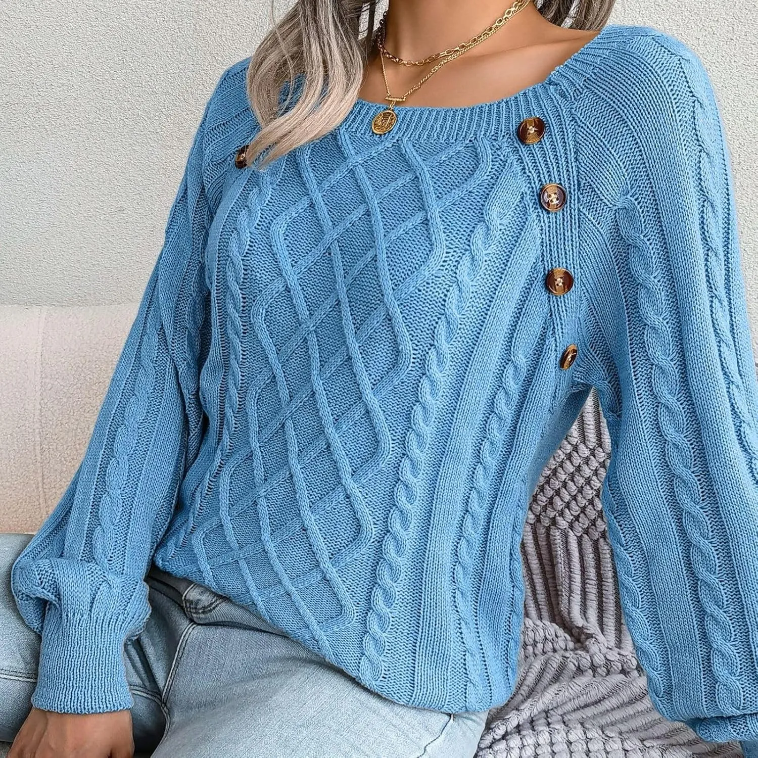Lu's Chic Women's Cable Knit Sweater Knitted Pullover Sweater Boat Neck Soft Button Elegant Winter Thick Loose Fit Knitwear