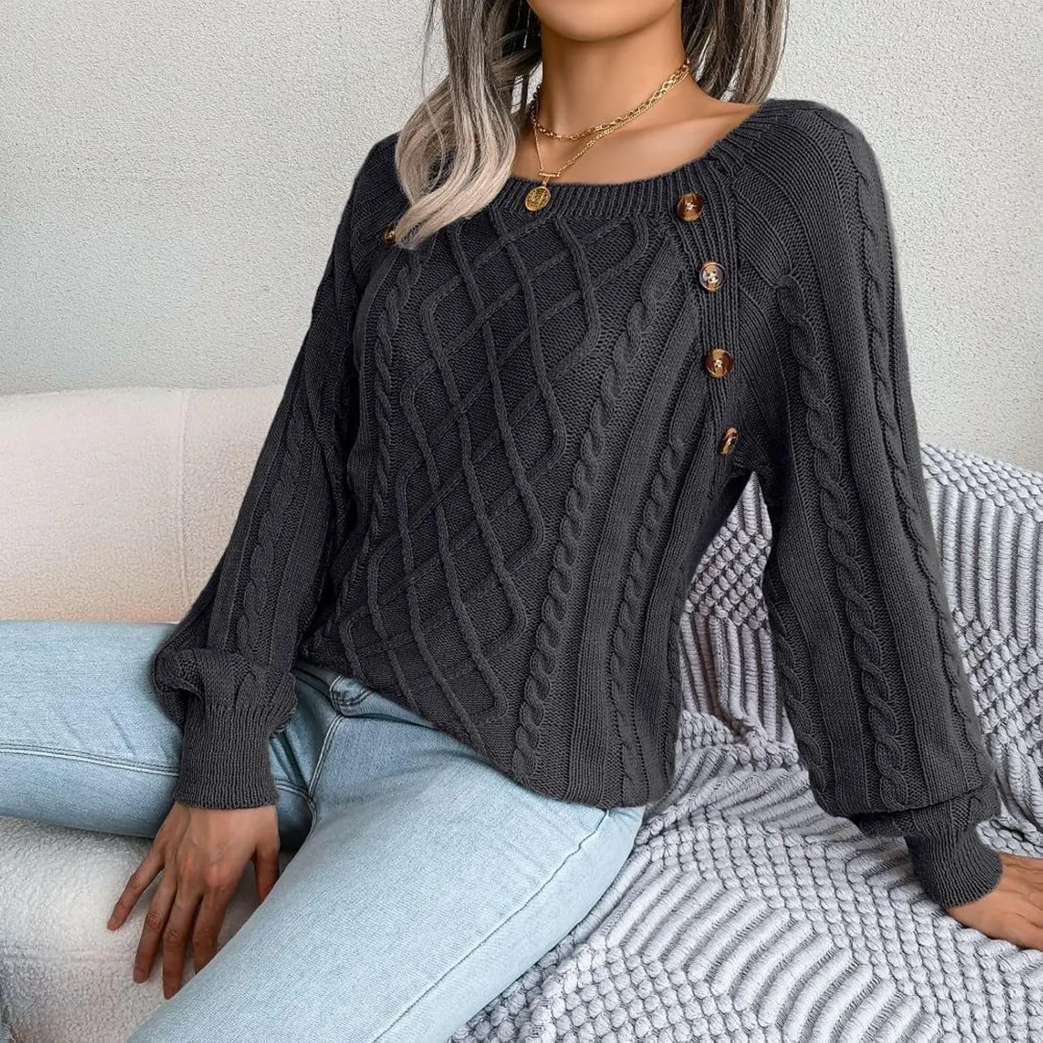 Lu's Chic Women's Cable Knit Sweater Knitted Pullover Sweater Boat Neck Soft Button Elegant Winter Thick Loose Fit Knitwear