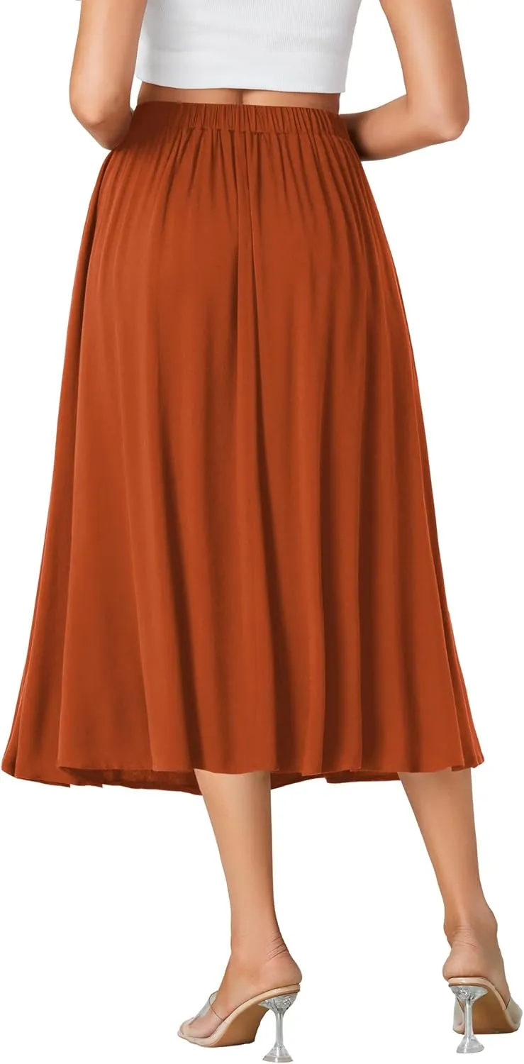 LYANER Women's High Elastic Waist Pleated Flare A Line Midi Skirt with Pockets