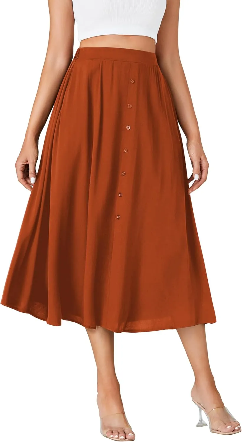 LYANER Women's High Elastic Waist Pleated Flare A Line Midi Skirt with Pockets