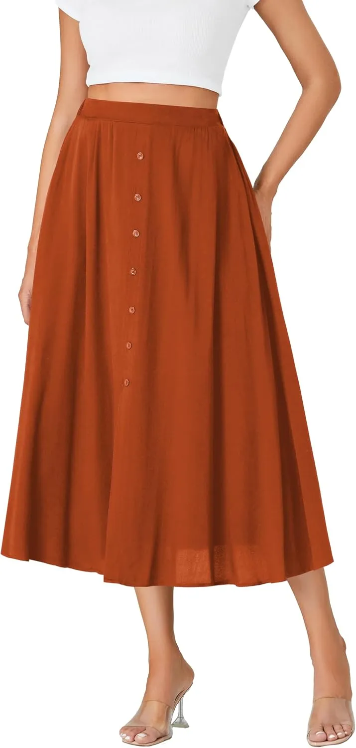 LYANER Women's High Elastic Waist Pleated Flare A Line Midi Skirt with Pockets