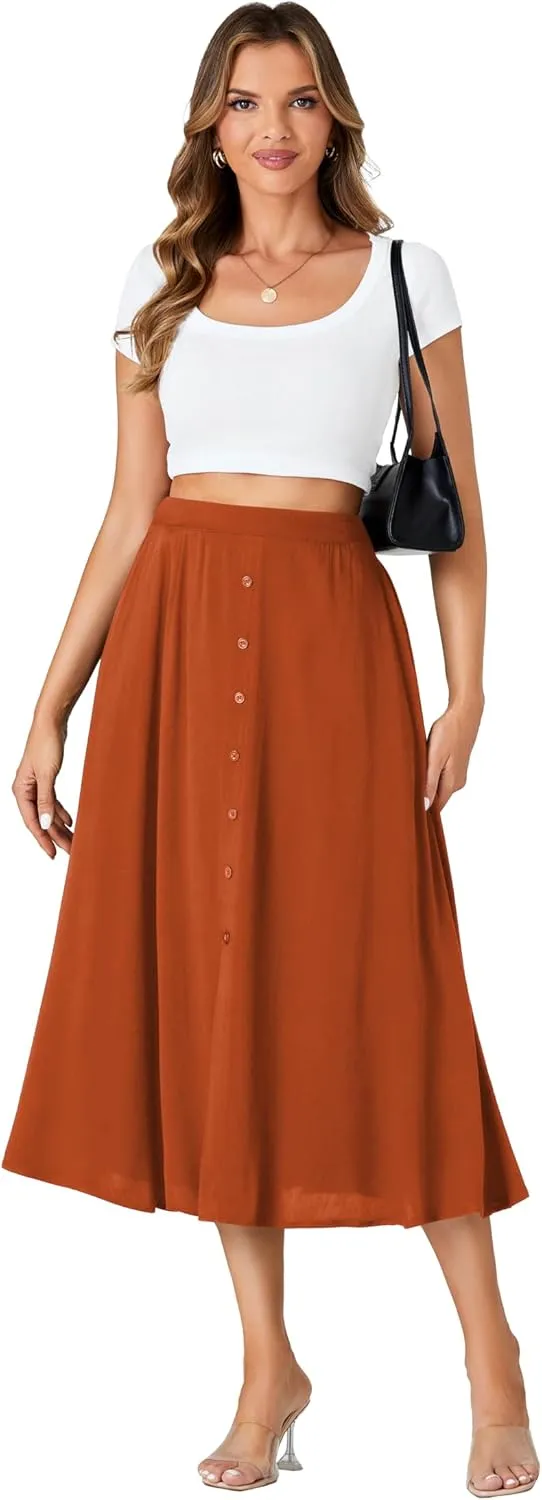 LYANER Women's High Elastic Waist Pleated Flare A Line Midi Skirt with Pockets