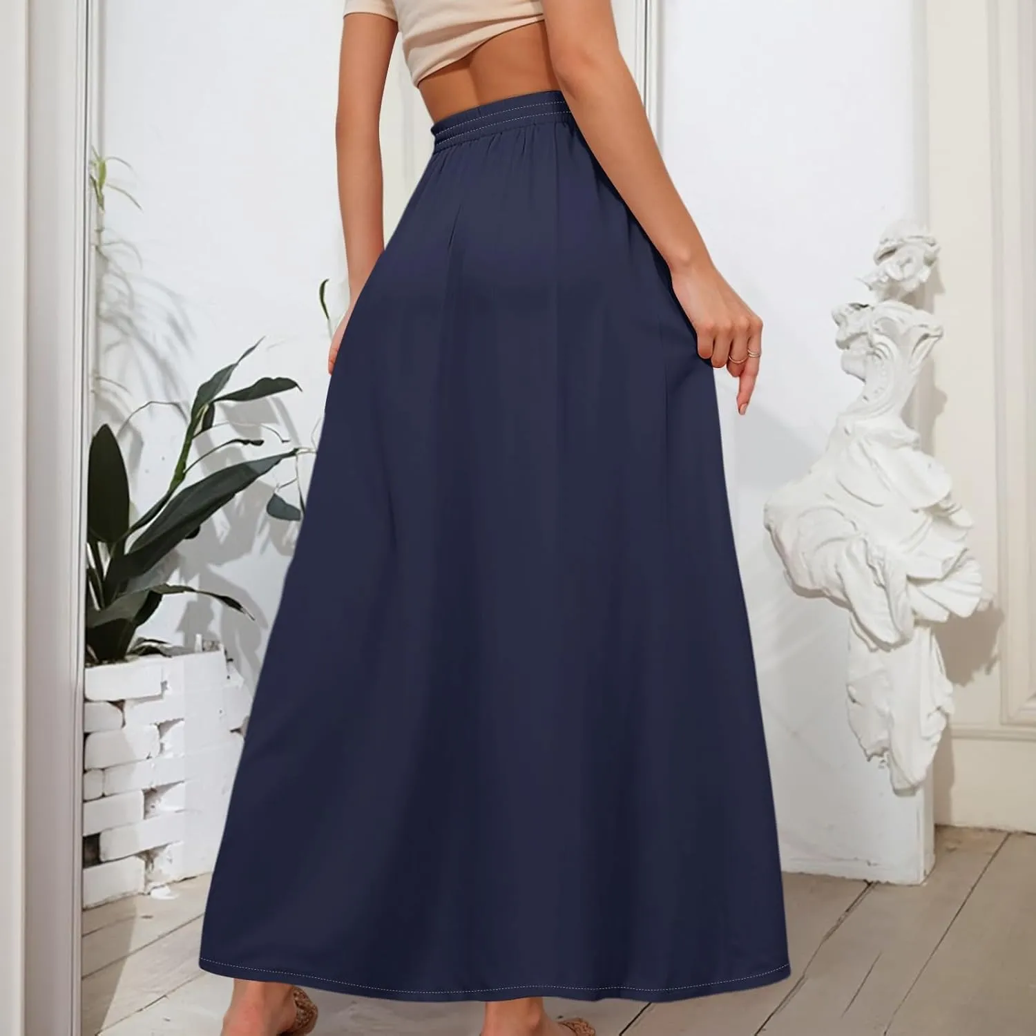 Maxi Floral Flare Skirts for Women 2025 Boho A Line Skirt Long Flowy Smocked High Elastic Waist Skort with Pockets