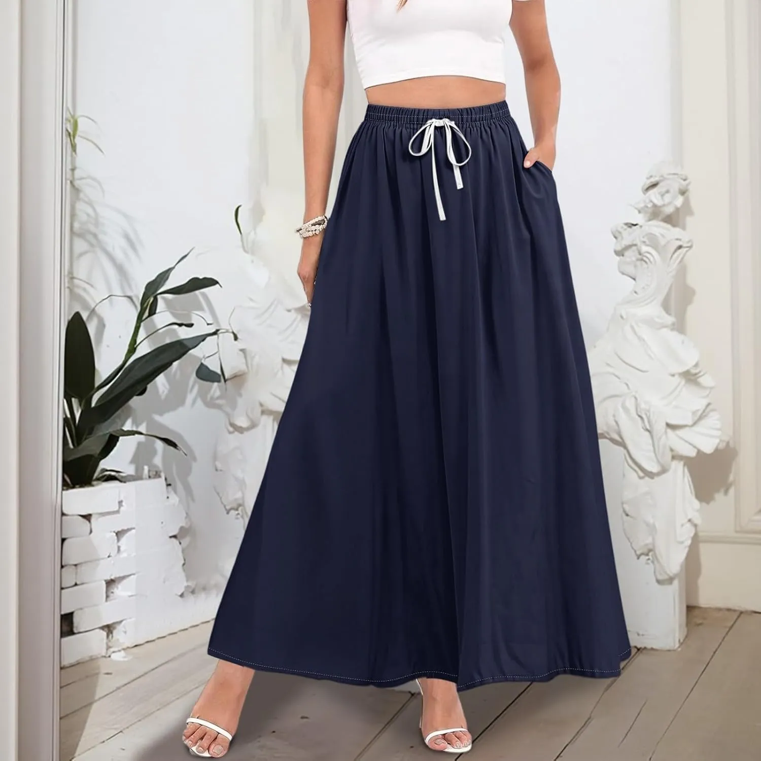 Maxi Floral Flare Skirts for Women 2025 Boho A Line Skirt Long Flowy Smocked High Elastic Waist Skort with Pockets