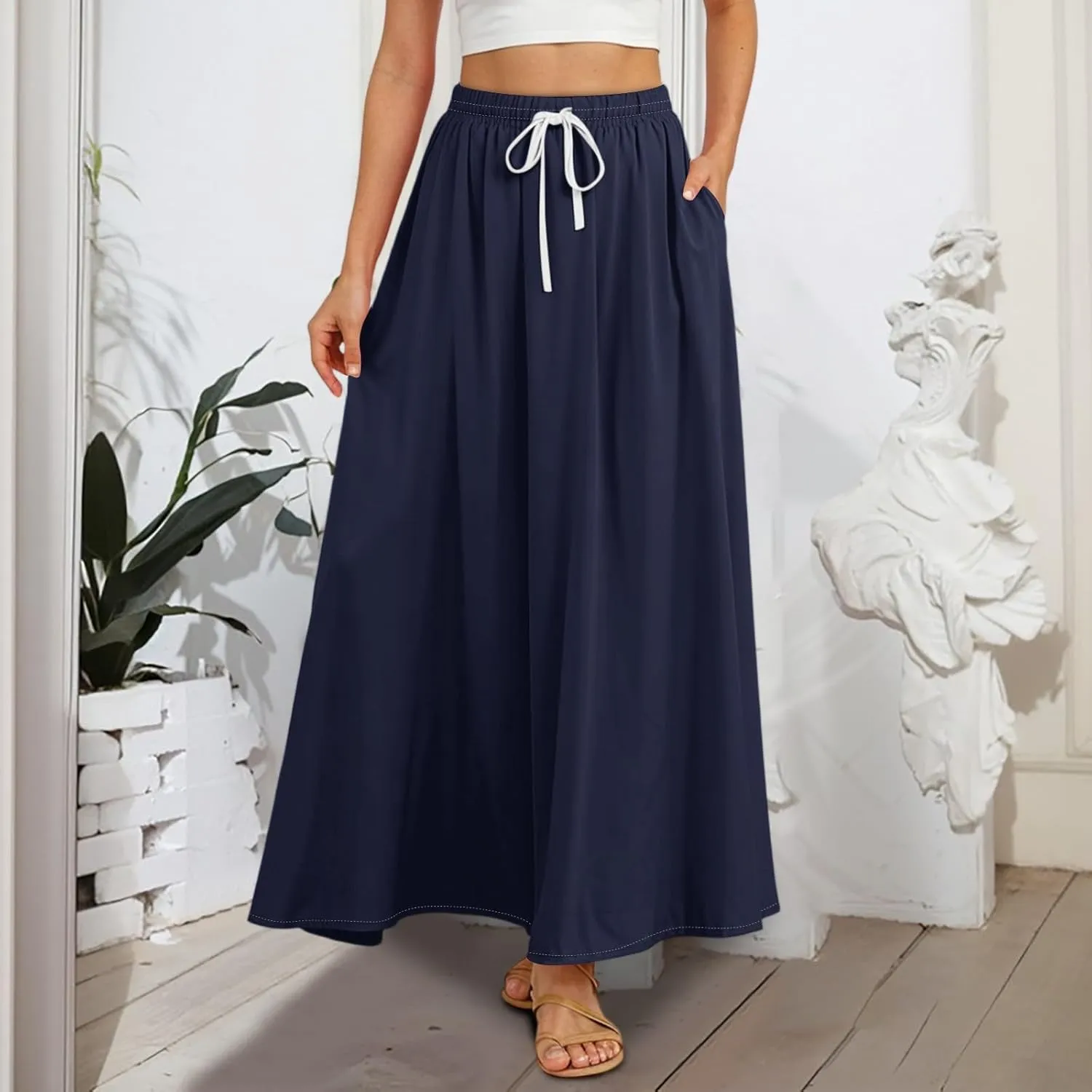 Maxi Floral Flare Skirts for Women 2025 Boho A Line Skirt Long Flowy Smocked High Elastic Waist Skort with Pockets