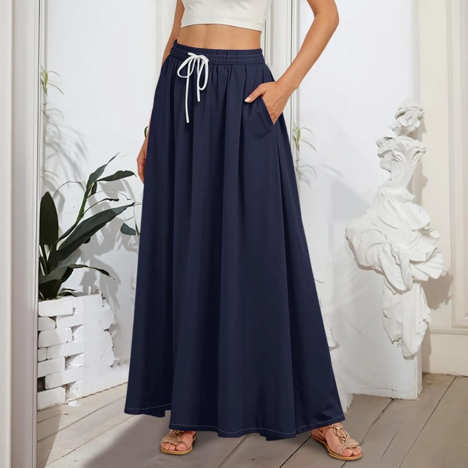 Maxi Floral Flare Skirts for Women 2025 Boho A Line Skirt Long Flowy Smocked High Elastic Waist Skort with Pockets
