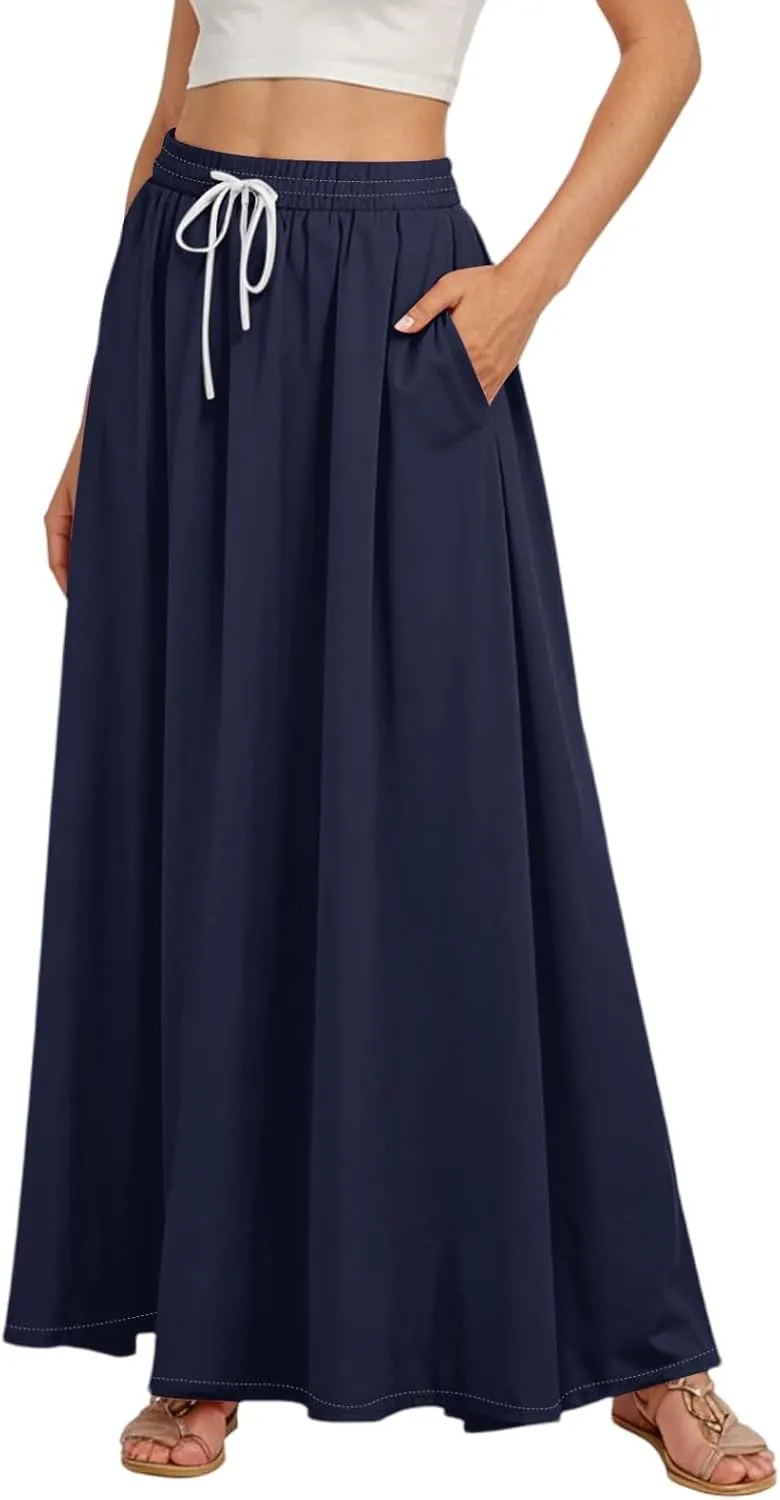 Maxi Floral Flare Skirts for Women 2025 Boho A Line Skirt Long Flowy Smocked High Elastic Waist Skort with Pockets