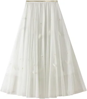 Maxi Skirts for Women 2025 Tummy Control A-Line Pleated Mesh Fairy Solid Puff Midi Skirts Loose Fit Vacation Streetwear