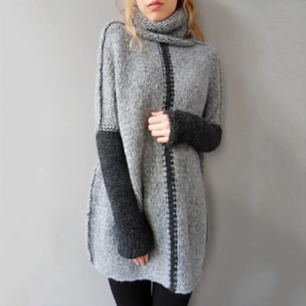 Mayntop Womens Sweater Jumper Tunic Oversized Patchwork Color Block Ragg Warm Chunky Turtleneck Knitted Top Pullover Knitwear