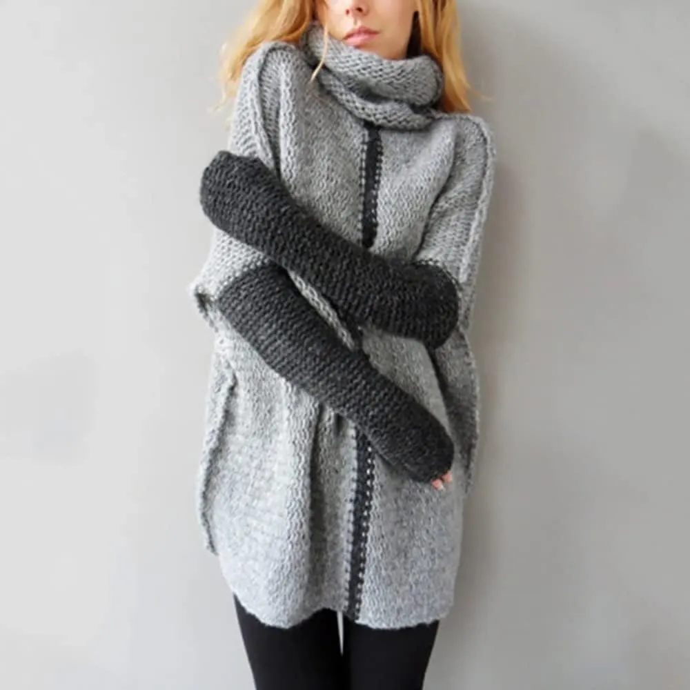 Mayntop Womens Sweater Jumper Tunic Oversized Patchwork Color Block Ragg Warm Chunky Turtleneck Knitted Top Pullover Knitwear