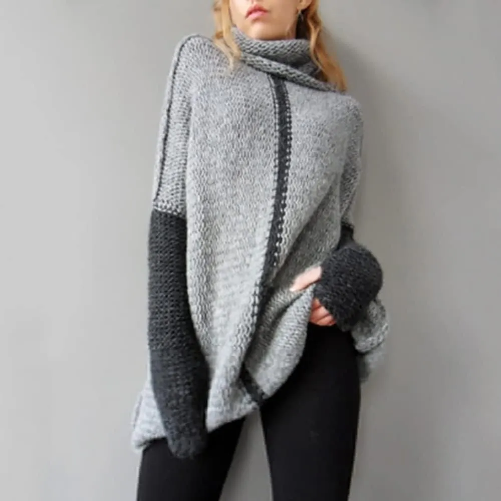 Mayntop Womens Sweater Jumper Tunic Oversized Patchwork Color Block Ragg Warm Chunky Turtleneck Knitted Top Pullover Knitwear
