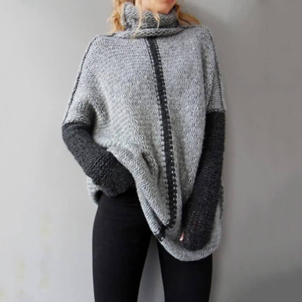 Mayntop Womens Sweater Jumper Tunic Oversized Patchwork Color Block Ragg Warm Chunky Turtleneck Knitted Top Pullover Knitwear