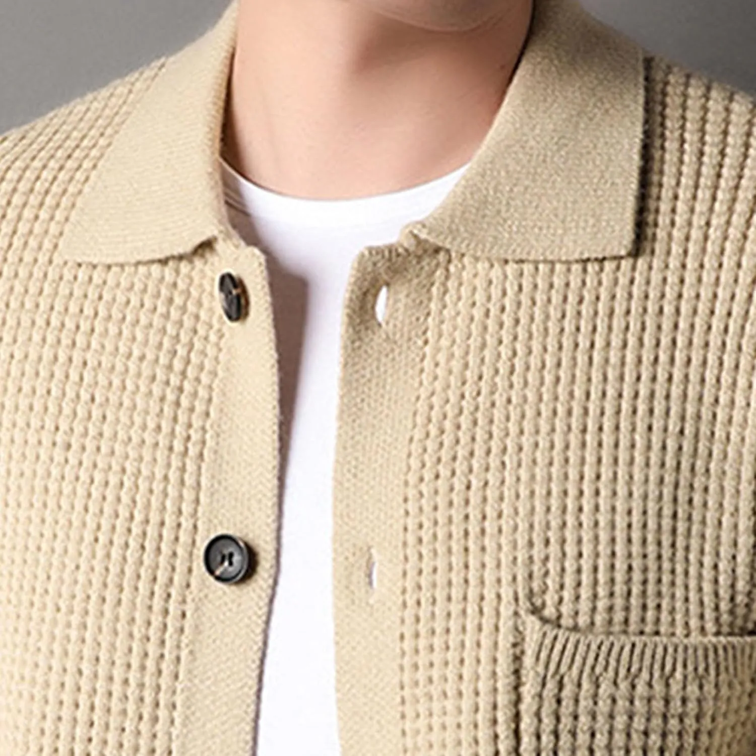 Men Polo Ribbon Cardigan Casual Vintage Business Golf Shirts With Pocket Mens Long Sleeve Button Down Knit Shirts
