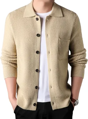 Men Polo Ribbon Cardigan Casual Vintage Business Golf Shirts With Pocket Mens Long Sleeve Button Down Knit Shirts