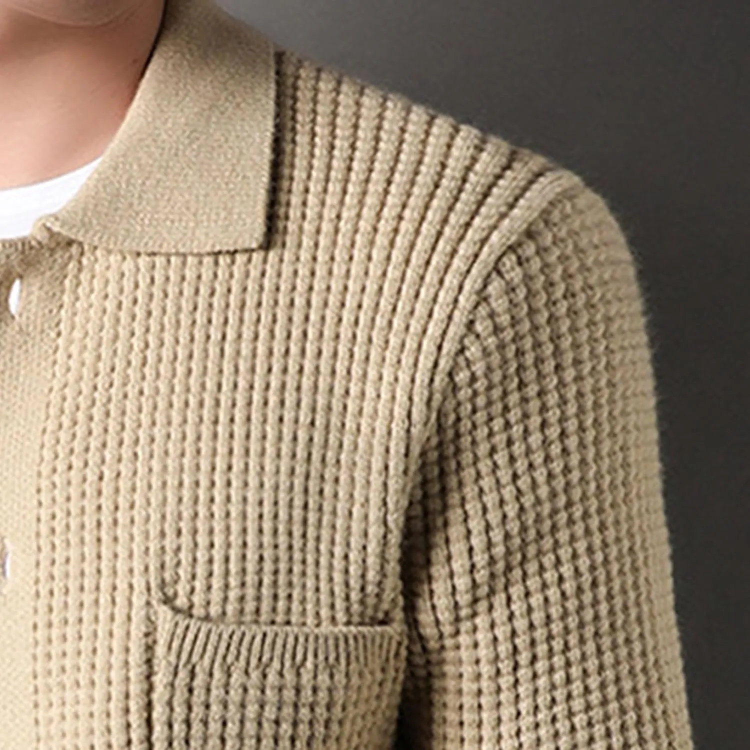 Men Polo Ribbon Cardigan Casual Vintage Business Golf Shirts With Pocket Mens Long Sleeve Button Down Knit Shirts