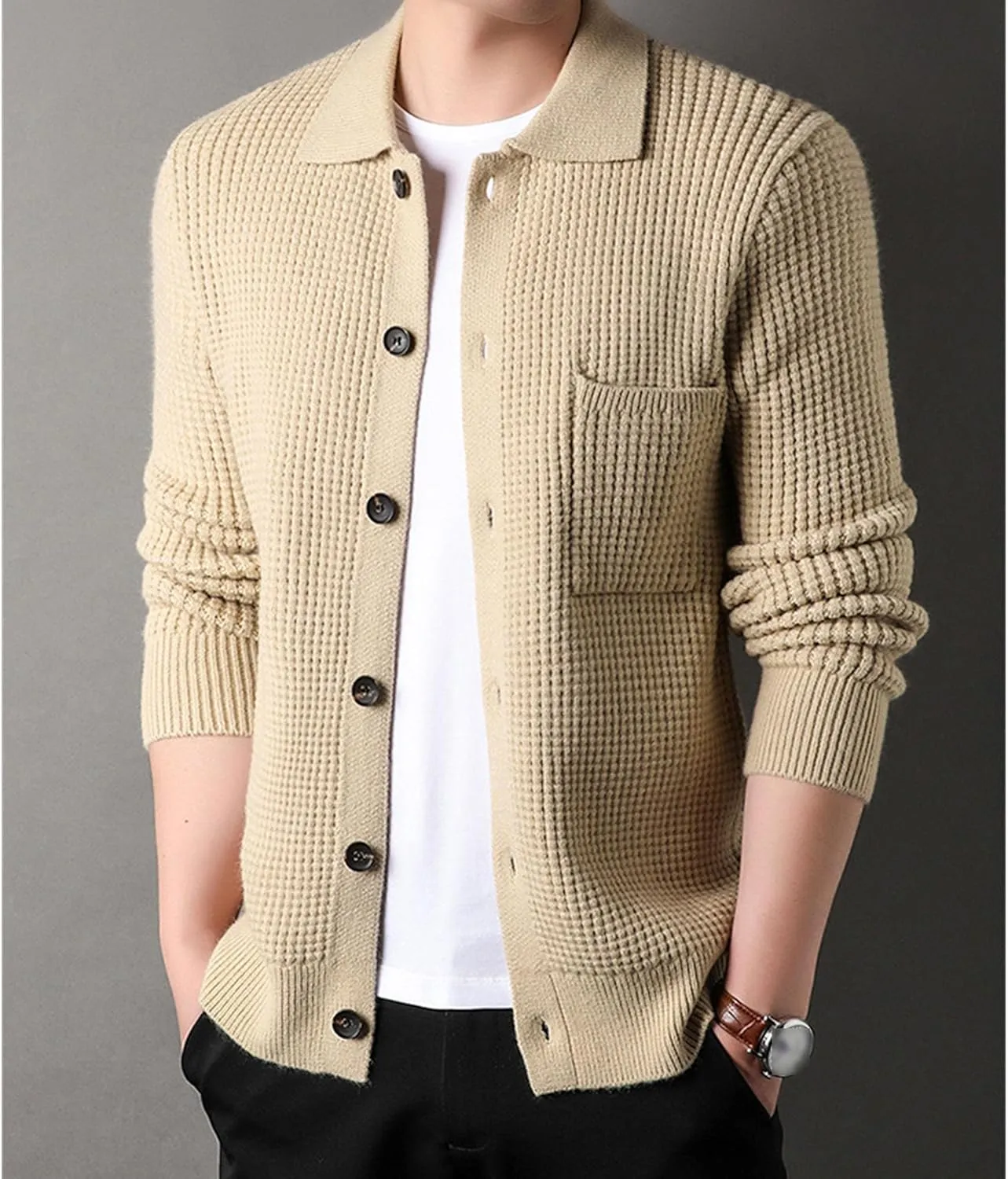 Men Polo Ribbon Cardigan Casual Vintage Business Golf Shirts With Pocket Mens Long Sleeve Button Down Knit Shirts