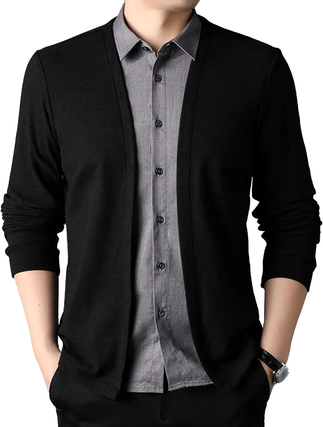 Men's Business Knitted Cardigan Lightweight Button Down Male Knits Jackets Fake 2 Piece Shirt Men Knit Sweater
