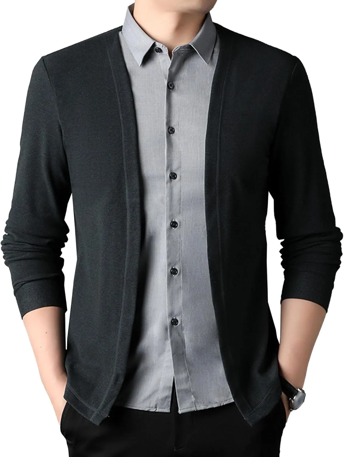 Men's Business Knitted Cardigan Lightweight Button Down Male Knits Jackets Fake 2 Piece Shirt Men Knit Sweater