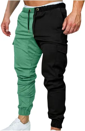 Mens Cargo Pants Casual Multi Pockets Work Pants Trendy Color Block Hiking Pants Elastic Waist Drawstring Jogger Pants