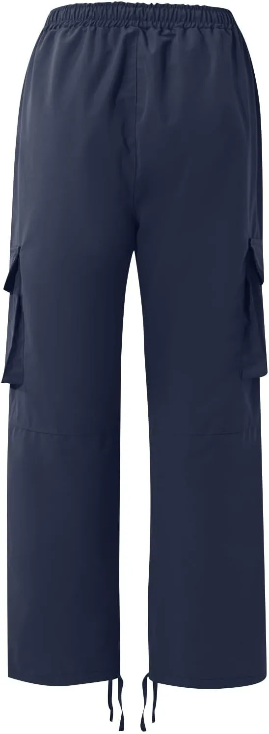 Mens Cargo Pants Drawstring Loose Straight Pants Hiking Outdoor Work Pants Casual Multi Pocket Lightweight Pants