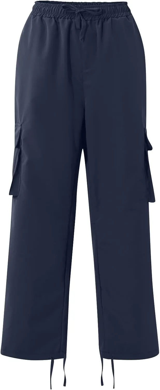 Mens Cargo Pants Drawstring Loose Straight Pants Hiking Outdoor Work Pants Casual Multi Pocket Lightweight Pants