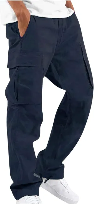 Mens Cargo Pants Drawstring Loose Straight Pants Hiking Outdoor Work Pants Casual Multi Pocket Lightweight Pants